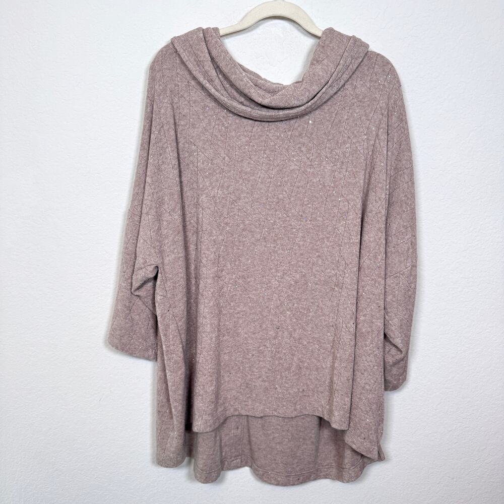 Ali Miles Womens Cowl Neck Top Shirt Size 3X Sparkle Artsy Flowy Knit Tan